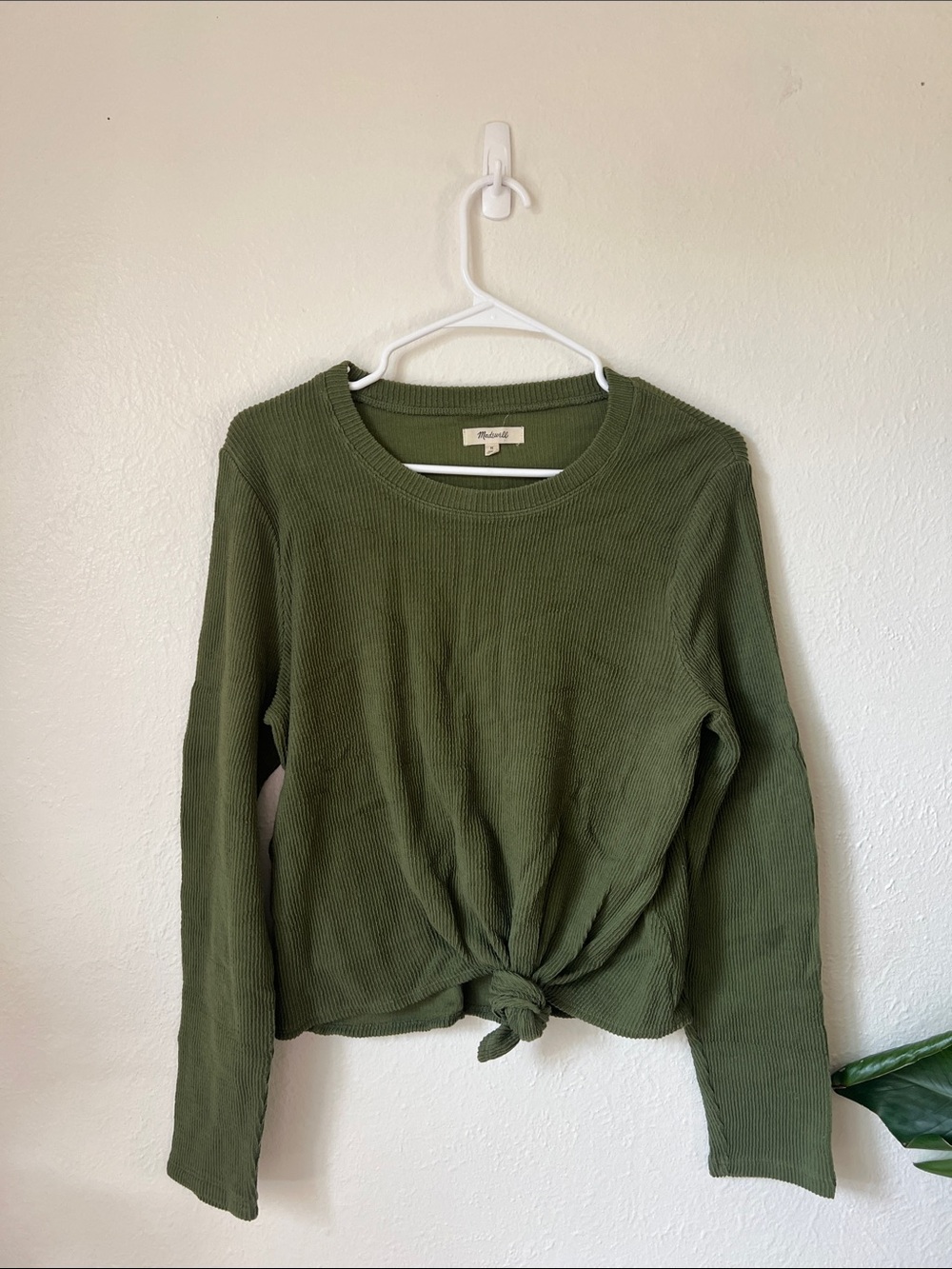 Madewell Olive Ribbed Tie-Front Long Sleeve Top